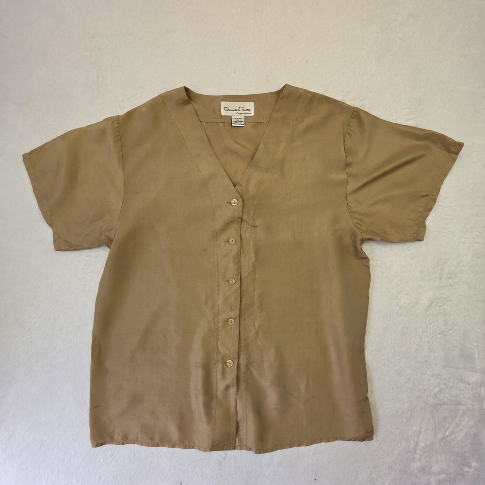 Oscar de la Renta Expressions 100% Silk Blouse Women's Large Beige Button Front - Picture 3 of 9